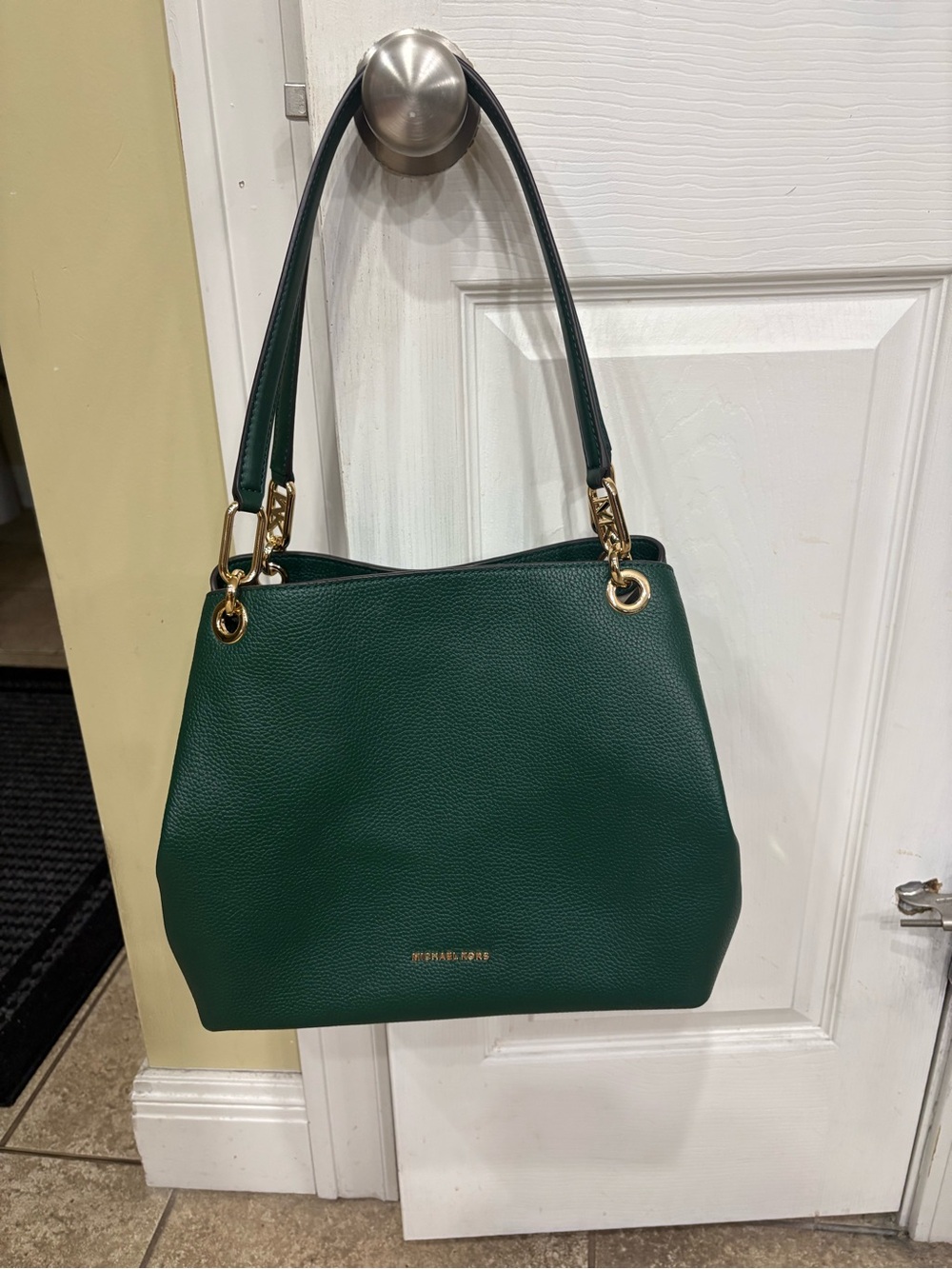 Michael Kors Dark Green Pebbled Leather Shoulder Bag with Gold Hardware